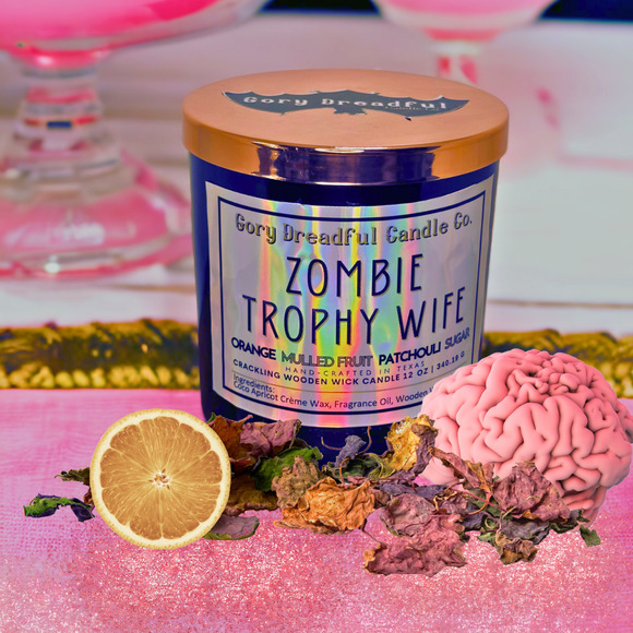 Zombie Trophy Wife Crackling Wood Wick Candle: Orange Patchouli Sugar Scent - Picture 4 of 10